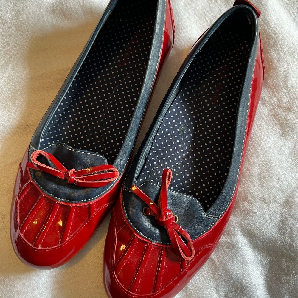 L.L. Bean Red Flats with Bow Detail. Preppy, collegiate.